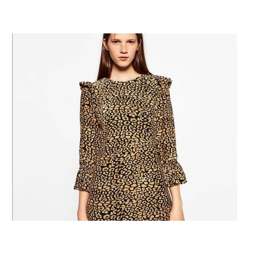 Zara Women’s XS Leopard Print Dress Black White Bohemian Fall Casual Midi